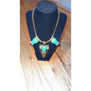 Statement Turquoise Geometric Necklace Gold Tone Boho